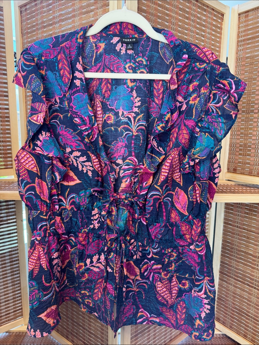 torrid Navy Floral Ruffle Tie-Front Top with Pink and Teal Accents N0328